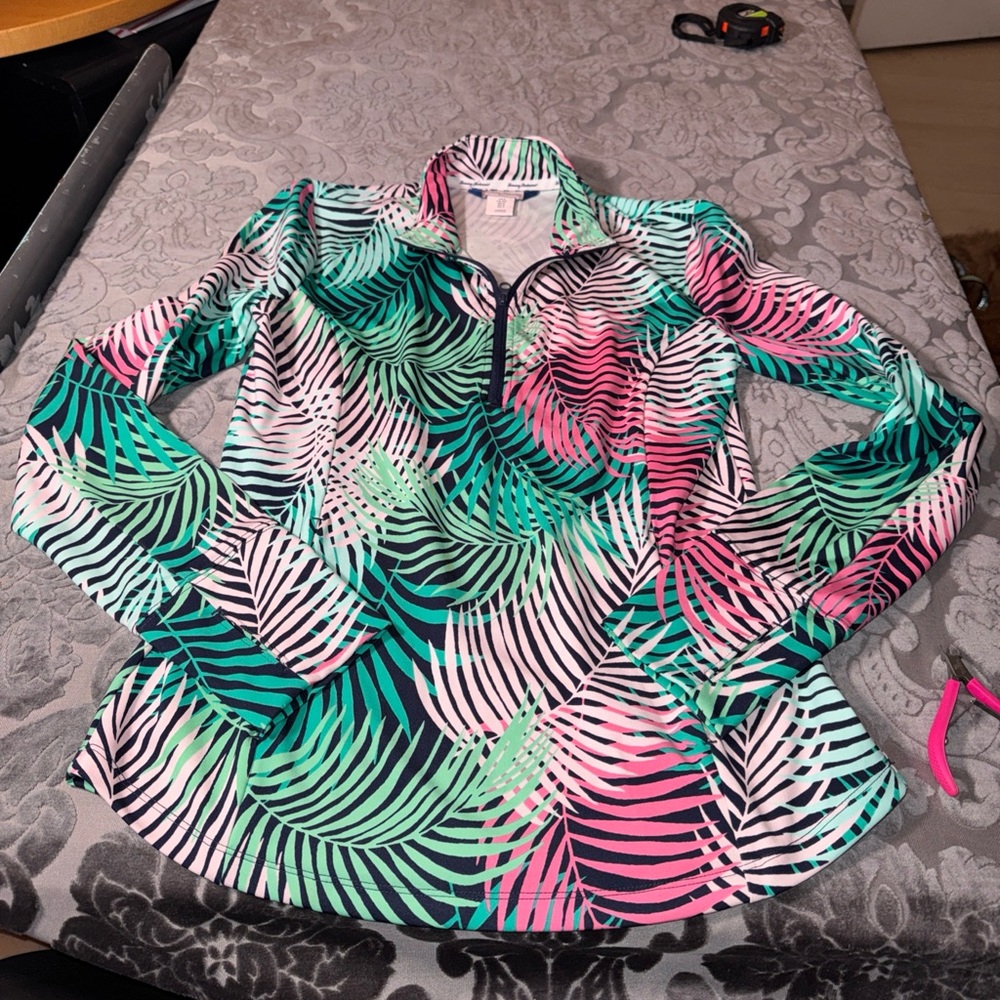 Tommy Bahama Colorful palm Leaf Print Long Sleeve golf Top spf 50 Sz Small - Picture 1 of 12
